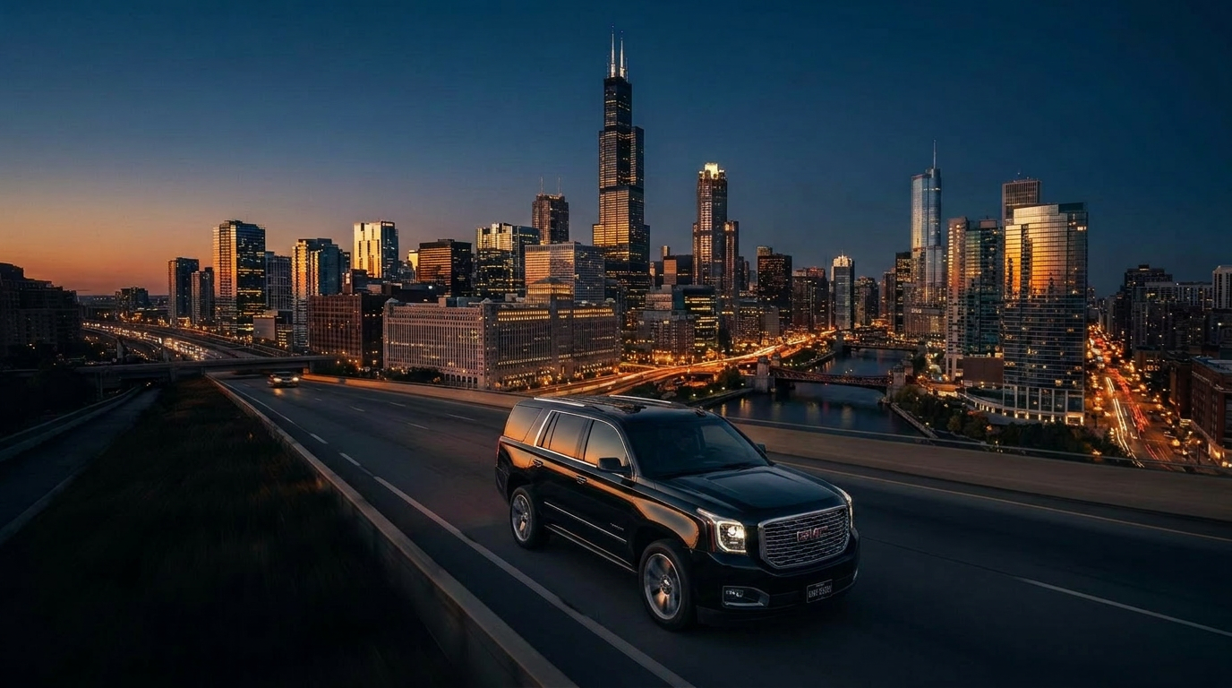Black GMC Yukon on a Chicago highway at dusk